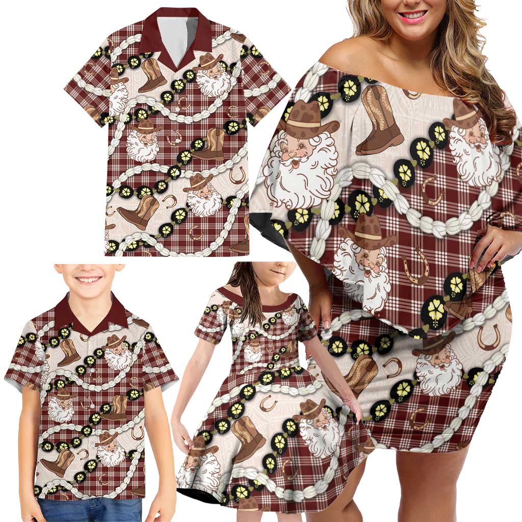 Cowboy Hawaii Mele Kalikimaka Family Matching Off Shoulder Short Dress and Hawaiian Shirt Paniolo Kukui Nut Pikake Lei Burgundy Version LT14 - Polynesian Pride