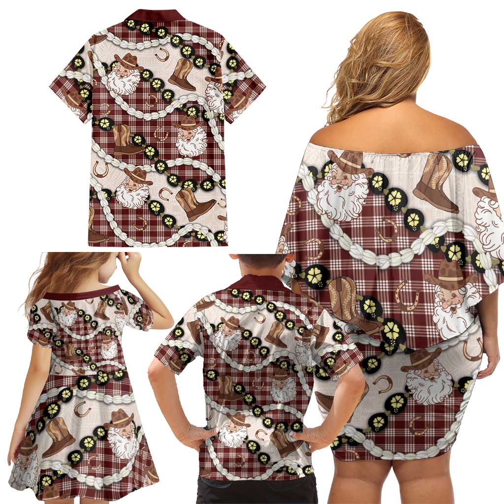 Cowboy Hawaii Mele Kalikimaka Family Matching Off Shoulder Short Dress and Hawaiian Shirt Paniolo Kukui Nut Pikake Lei Burgundy Version LT14 - Polynesian Pride