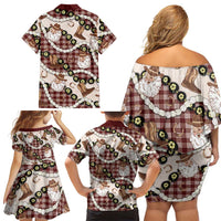 Cowboy Hawaii Mele Kalikimaka Family Matching Off Shoulder Short Dress and Hawaiian Shirt Paniolo Kukui Nut Pikake Lei Burgundy Version LT14 - Polynesian Pride