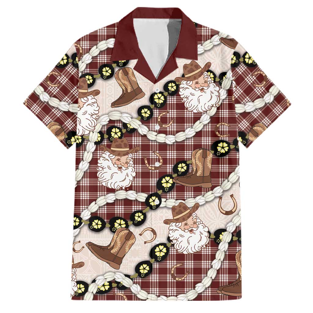 Cowboy Hawaii Mele Kalikimaka Family Matching Off Shoulder Short Dress and Hawaiian Shirt Paniolo Kukui Nut Pikake Lei Burgundy Version LT14 Dad's Shirt - Short Sleeve Burgundy - Polynesian Pride