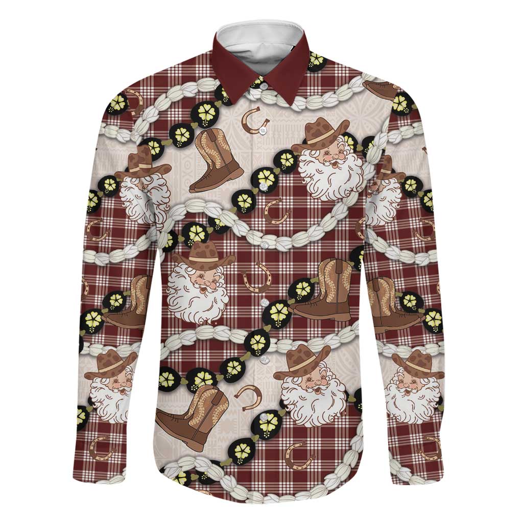 Cowboy Hawaii Mele Kalikimaka Family Matching Off Shoulder Short Dress and Hawaiian Shirt Paniolo Kukui Nut Pikake Lei Burgundy Version LT14 Dad's Shirt - Long Sleeve Burgundy - Polynesian Pride