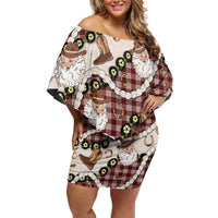 Cowboy Hawaii Mele Kalikimaka Family Matching Off Shoulder Short Dress and Hawaiian Shirt Paniolo Kukui Nut Pikake Lei Burgundy Version LT14 Mom's Dress Burgundy - Polynesian Pride
