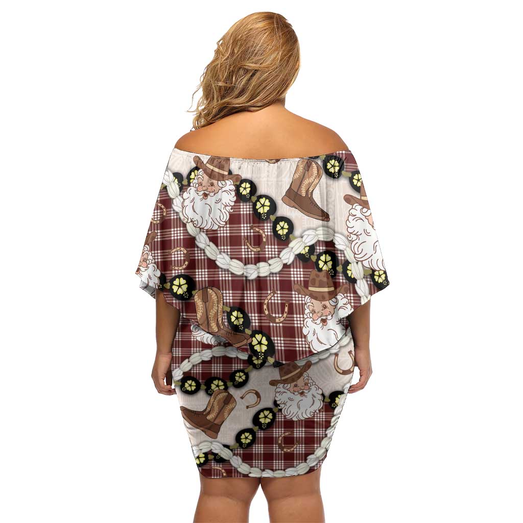 Cowboy Hawaii Mele Kalikimaka Family Matching Off Shoulder Short Dress and Hawaiian Shirt Paniolo Kukui Nut Pikake Lei Burgundy Version LT14 - Polynesian Pride