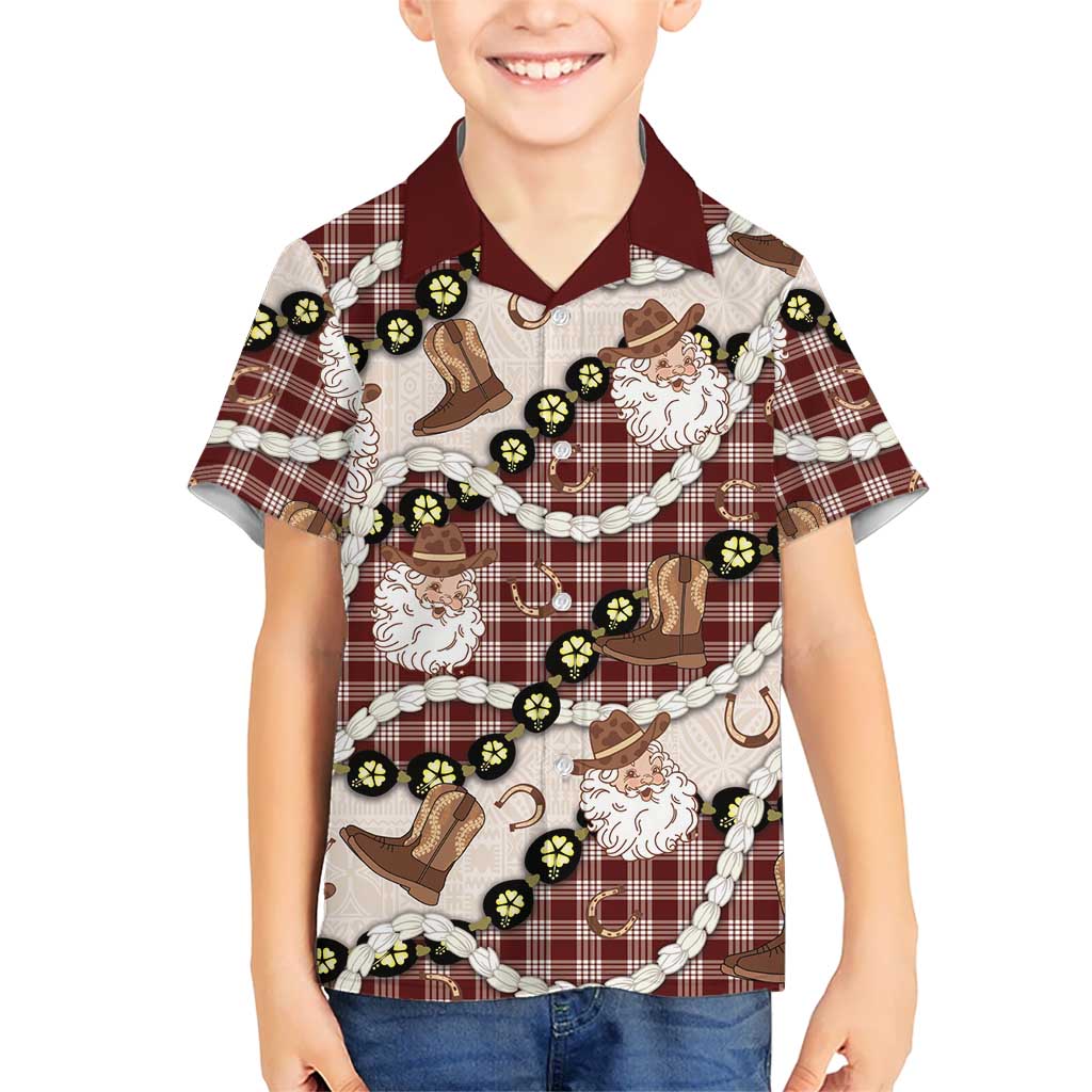 Cowboy Hawaii Mele Kalikimaka Family Matching Off Shoulder Short Dress and Hawaiian Shirt Paniolo Kukui Nut Pikake Lei Burgundy Version LT14 Son's Shirt Burgundy - Polynesian Pride