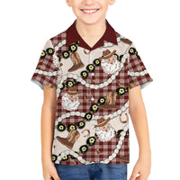 Cowboy Hawaii Mele Kalikimaka Family Matching Off Shoulder Short Dress and Hawaiian Shirt Paniolo Kukui Nut Pikake Lei Burgundy Version LT14 Son's Shirt Burgundy - Polynesian Pride