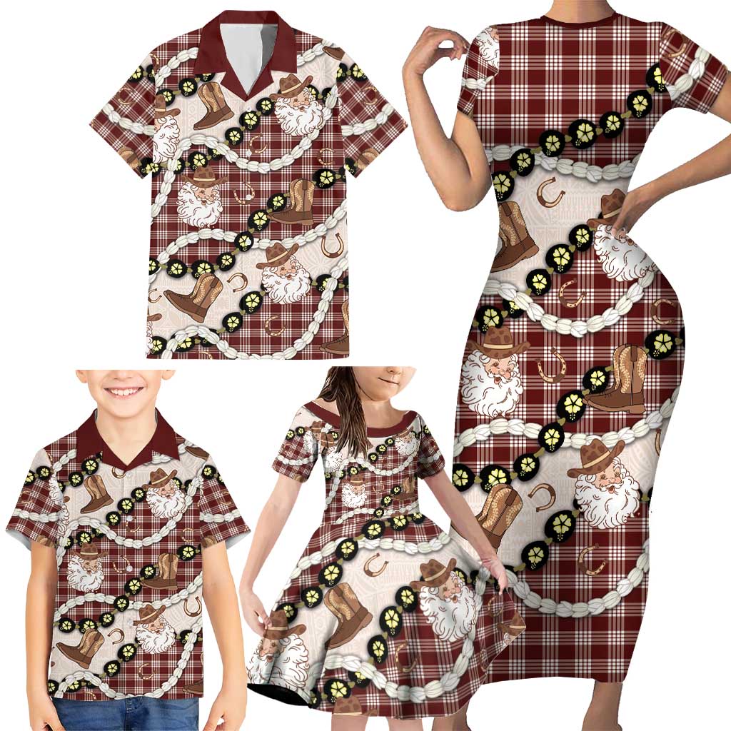 Cowboy Hawaii Mele Kalikimaka Family Matching Short Sleeve Bodycon Dress and Hawaiian Shirt Paniolo Kukui Nut Pikake Lei Burgundy Version - Polynesian Pride