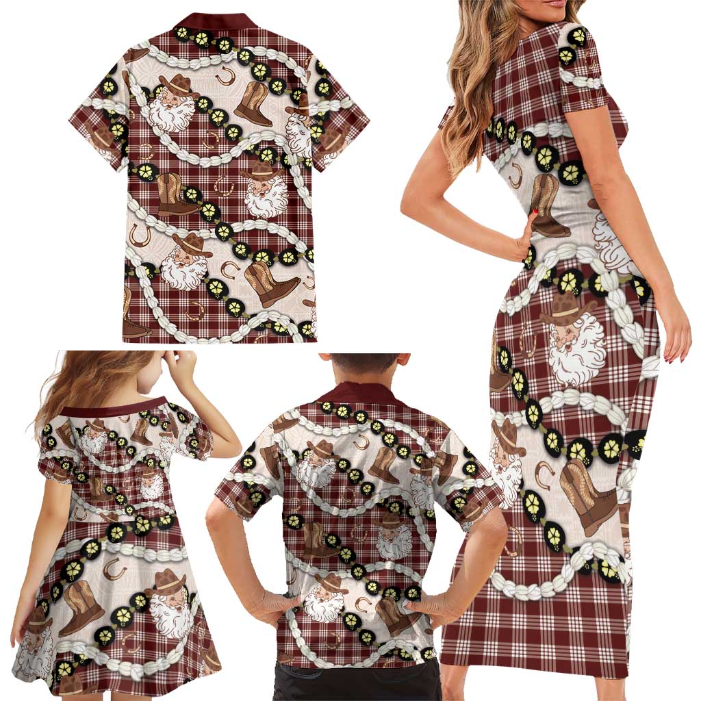 Cowboy Hawaii Mele Kalikimaka Family Matching Short Sleeve Bodycon Dress and Hawaiian Shirt Paniolo Kukui Nut Pikake Lei Burgundy Version - Polynesian Pride