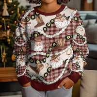 Cowboy Hawaii Mele Kalikimaka Kid Ugly Christmas Sweater Paniolo Kukui Nut Pikake Lei Burgundy Version - Polynesian Pride