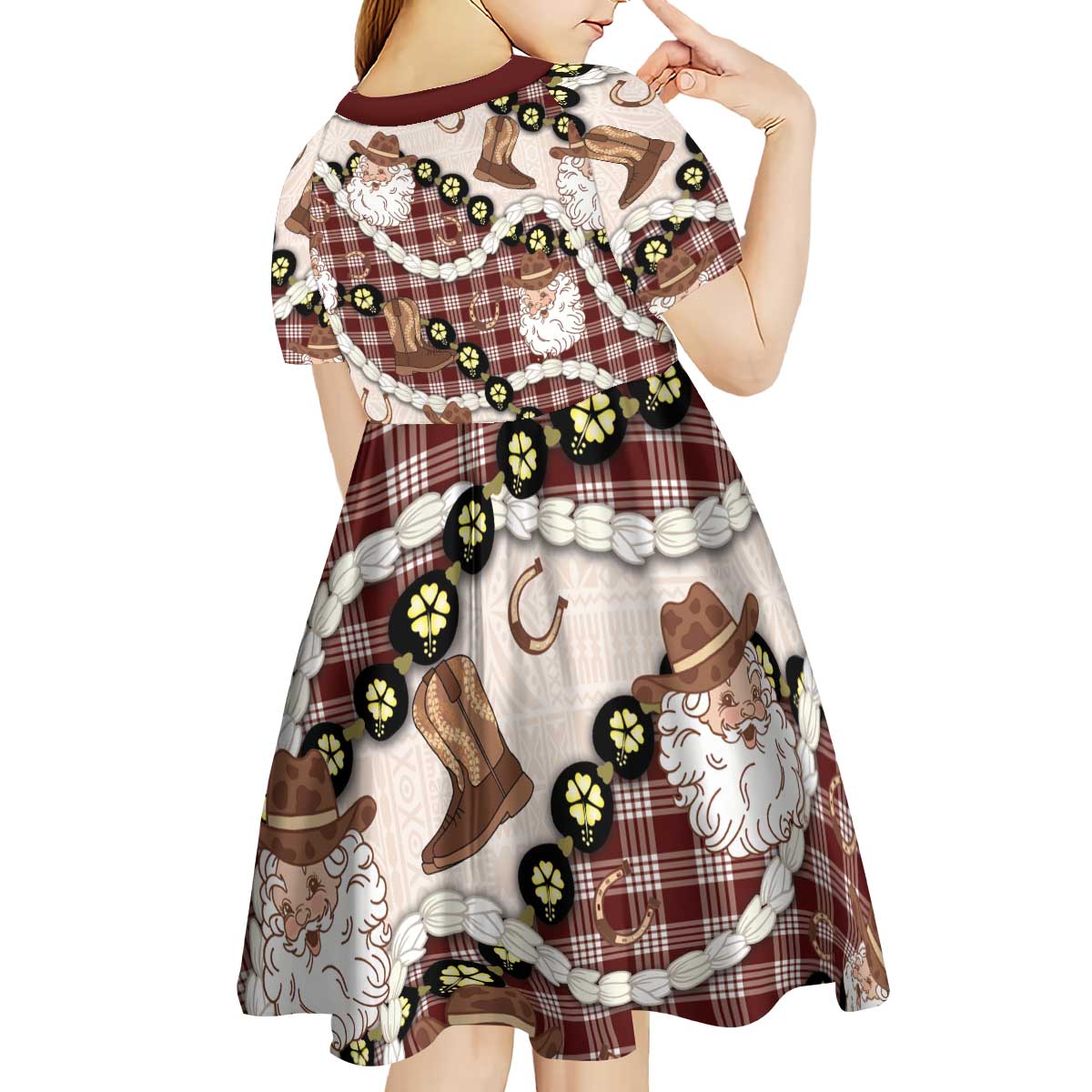 Cowboy Hawaii Mele Kalikimaka Kid Short Sleeve Dress Paniolo Kukui Nut Pikake Lei Burgundy Version - Polynesian Pride