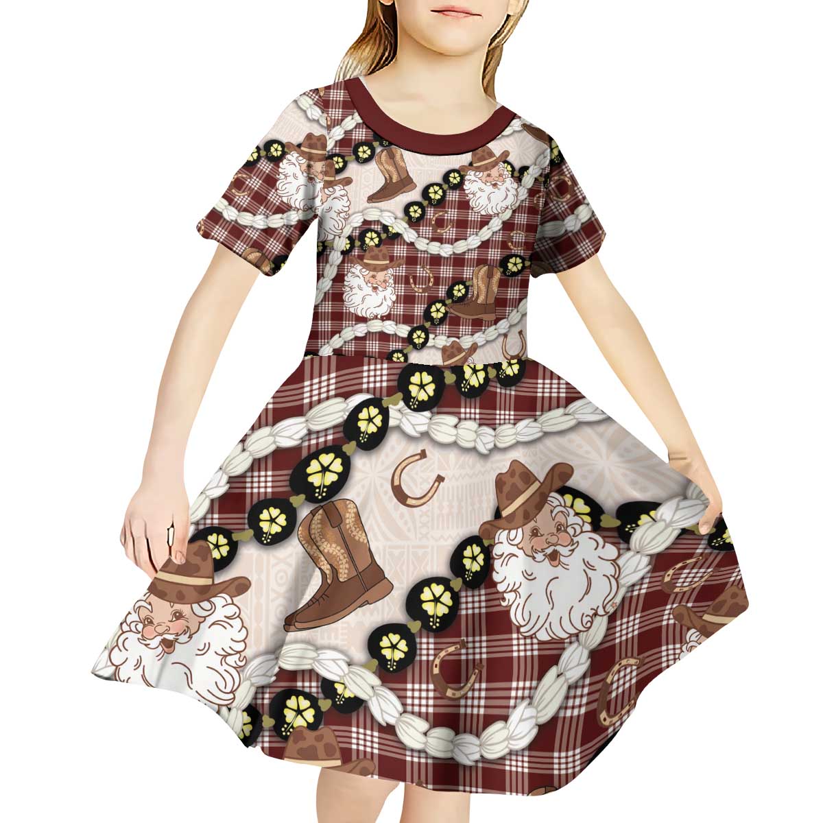 Cowboy Hawaii Mele Kalikimaka Kid Short Sleeve Dress Paniolo Kukui Nut Pikake Lei Burgundy Version - Polynesian Pride