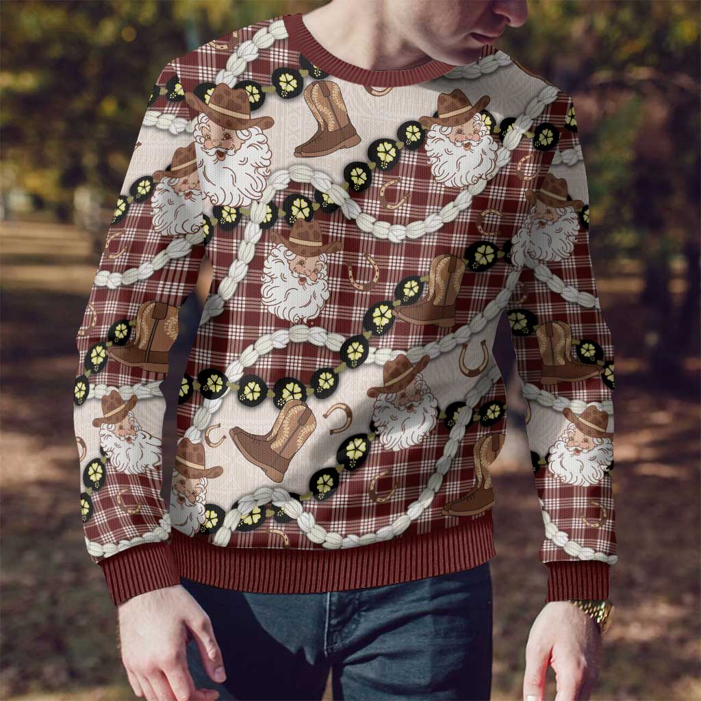 Cowboy Hawaii Mele Kalikimaka Ugly Christmas Sweater Paniolo Kukui Nut Pikake Lei Burgundy Version - Polynesian Pride