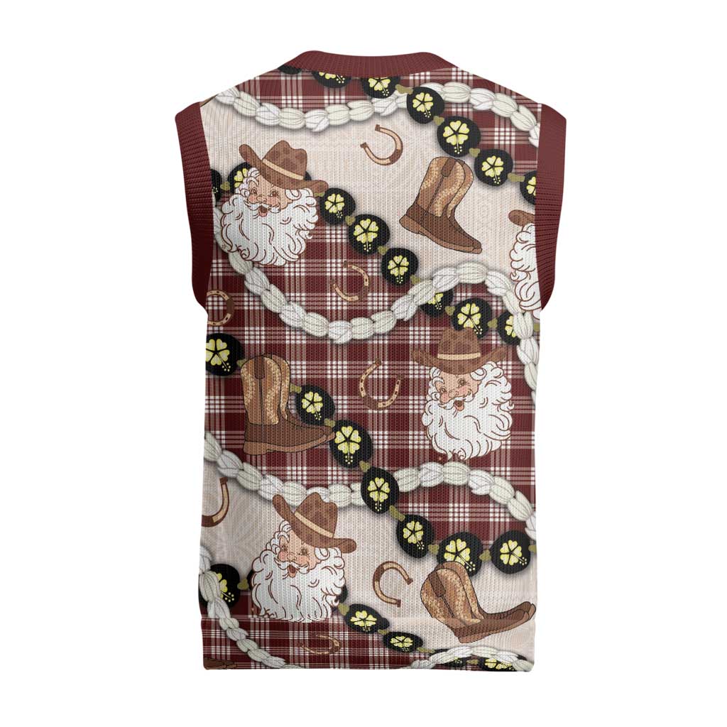 Cowboy Hawaii Mele Kalikimaka Christmas Knitted V-Neck Vest Paniolo Kukui Nut Pikake Lei Burgundy Version LT14 - Polynesian Pride