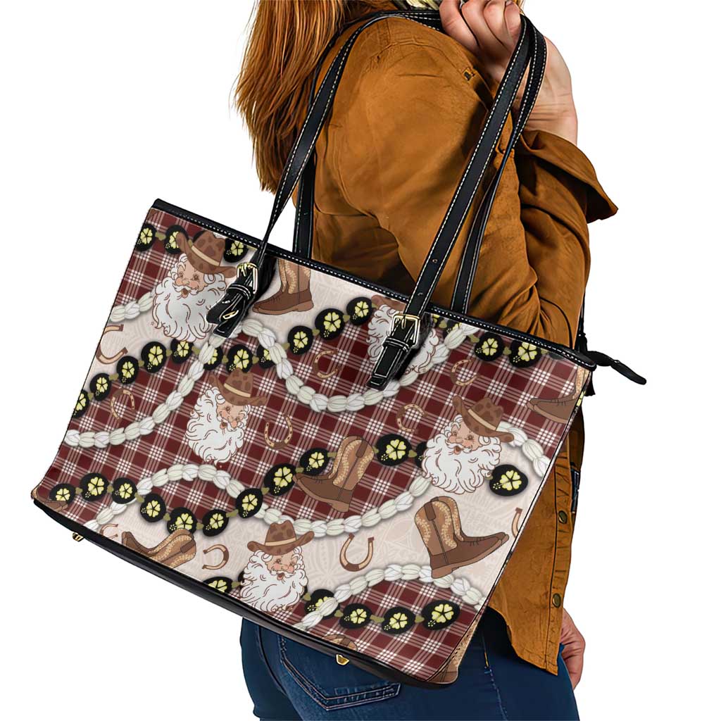 Cowboy Hawaii Mele Kalikimaka Leather Tote Bag Paniolo Kukui Nut Pikake Lei Burgundy Version - Polynesian Pride