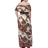 Cowboy Hawaii Mele Kalikimaka Off Shoulder Maxi Dress Paniolo Kukui Nut Pikake Lei Burgundy Version - Polynesian Pride