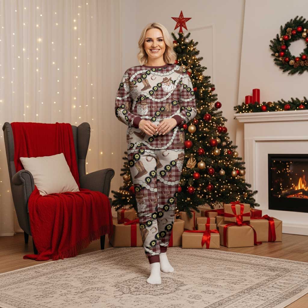 Cowboy Hawaii Mele Kalikimaka Christmas Pajama Set Paniolo Kukui Nut Pikake Lei Burgundy Version LT14 Women Burgundy - Polynesian Pride