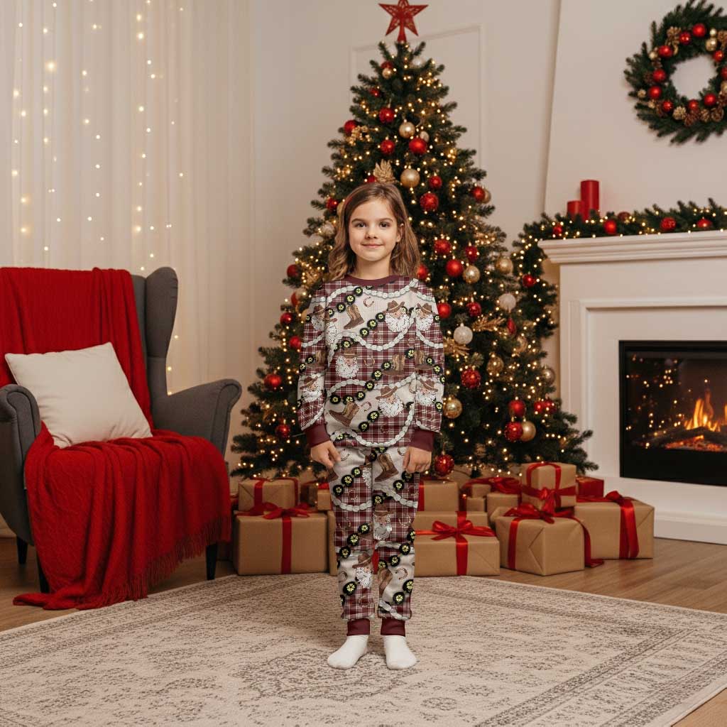 Cowboy Hawaii Mele Kalikimaka Christmas Pajama Set Paniolo Kukui Nut Pikake Lei Burgundy Version LT14 Kid Burgundy - Polynesian Pride