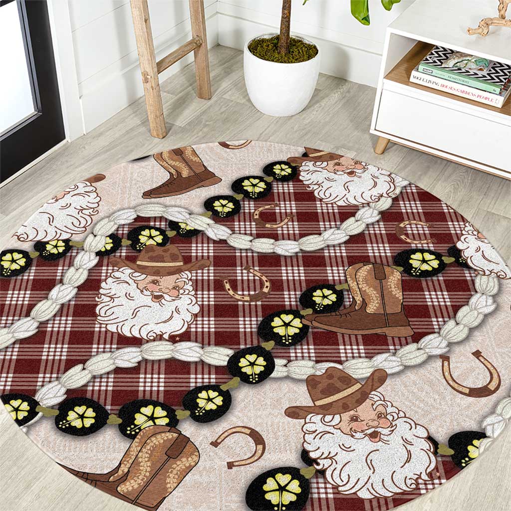 Cowboy Hawaii Mele Kalikimaka Round Carpet Paniolo Kukui Nut Pikake Lei Burgundy Version - Polynesian Pride