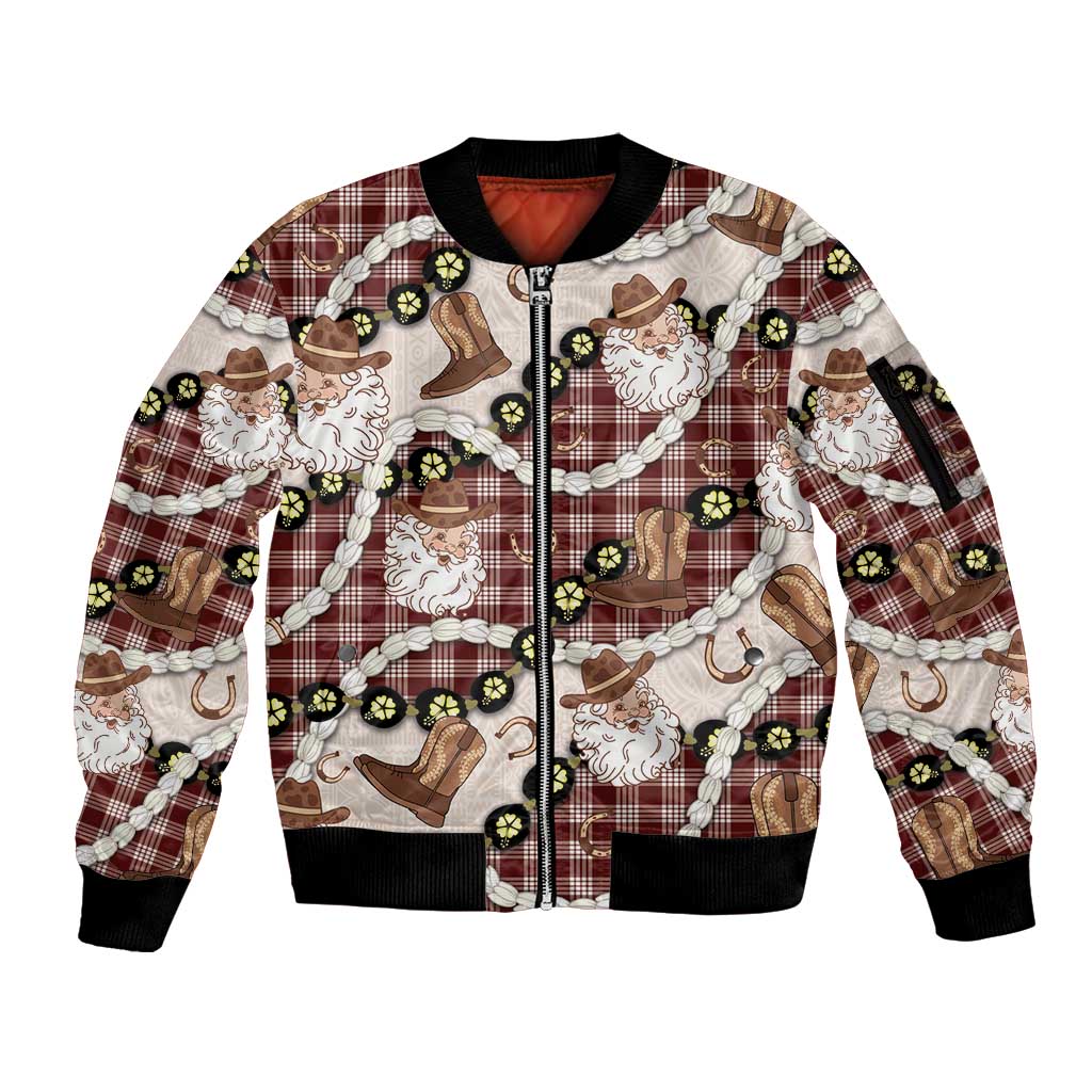 Cowboy Hawaii Mele Kalikimaka Sleeve Zip Bomber Jacket Paniolo Kukui Nut Pikake Lei Burgundy Version - Polynesian Pride
