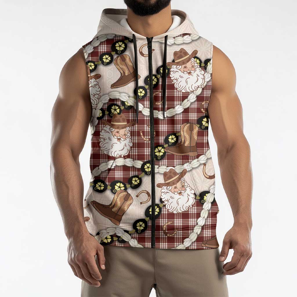 Cowboy Hawaii Mele Kalikimaka Sleeveless Zip Hoodie Paniolo Kukui Nut Pikake Lei Burgundy Version - Polynesian Pride