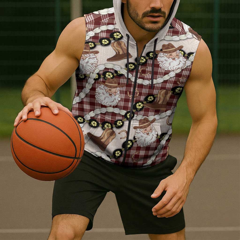 Cowboy Hawaii Mele Kalikimaka Sleeveless Zip Hoodie Paniolo Kukui Nut Pikake Lei Burgundy Version - Polynesian Pride