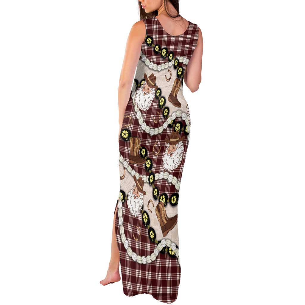 Cowboy Hawaii Mele Kalikimaka Tank Maxi Dress Paniolo Kukui Nut Pikake Lei Burgundy Version - Polynesian Pride