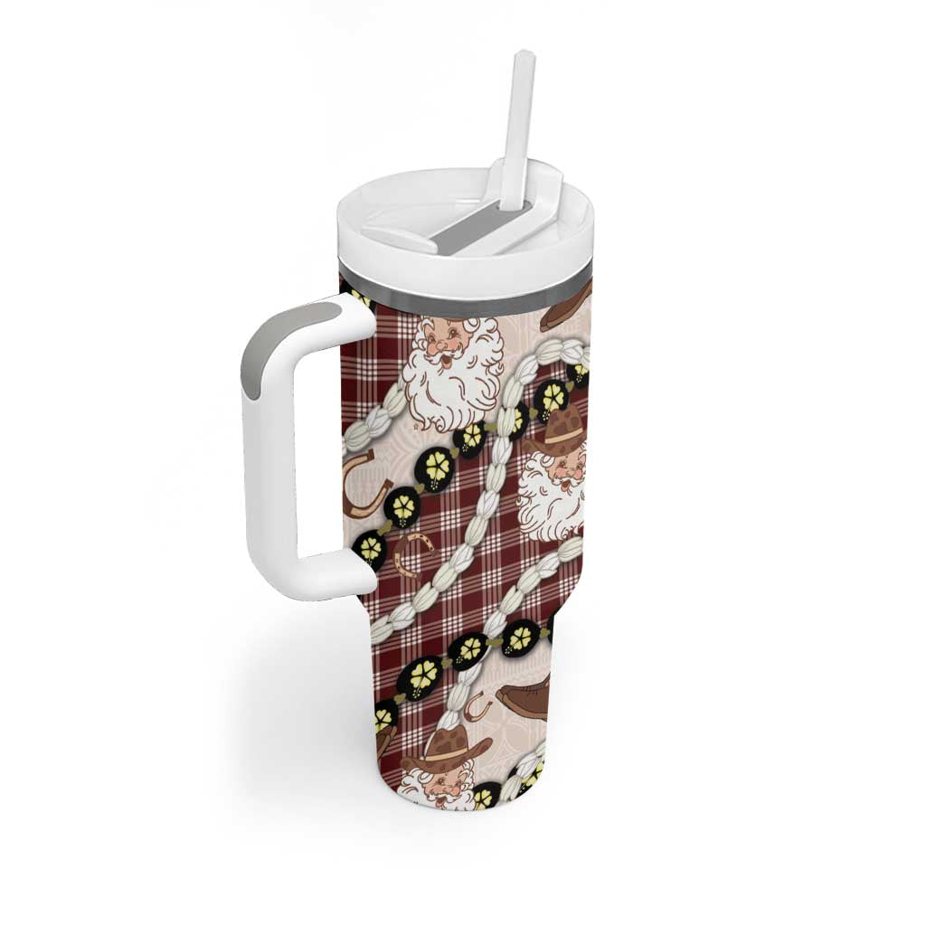 Cowboy Hawaii Mele Kalikimaka Tumbler With Handle Paniolo Kukui Nut Pikake Lei Burgundy Version - Polynesian Pride