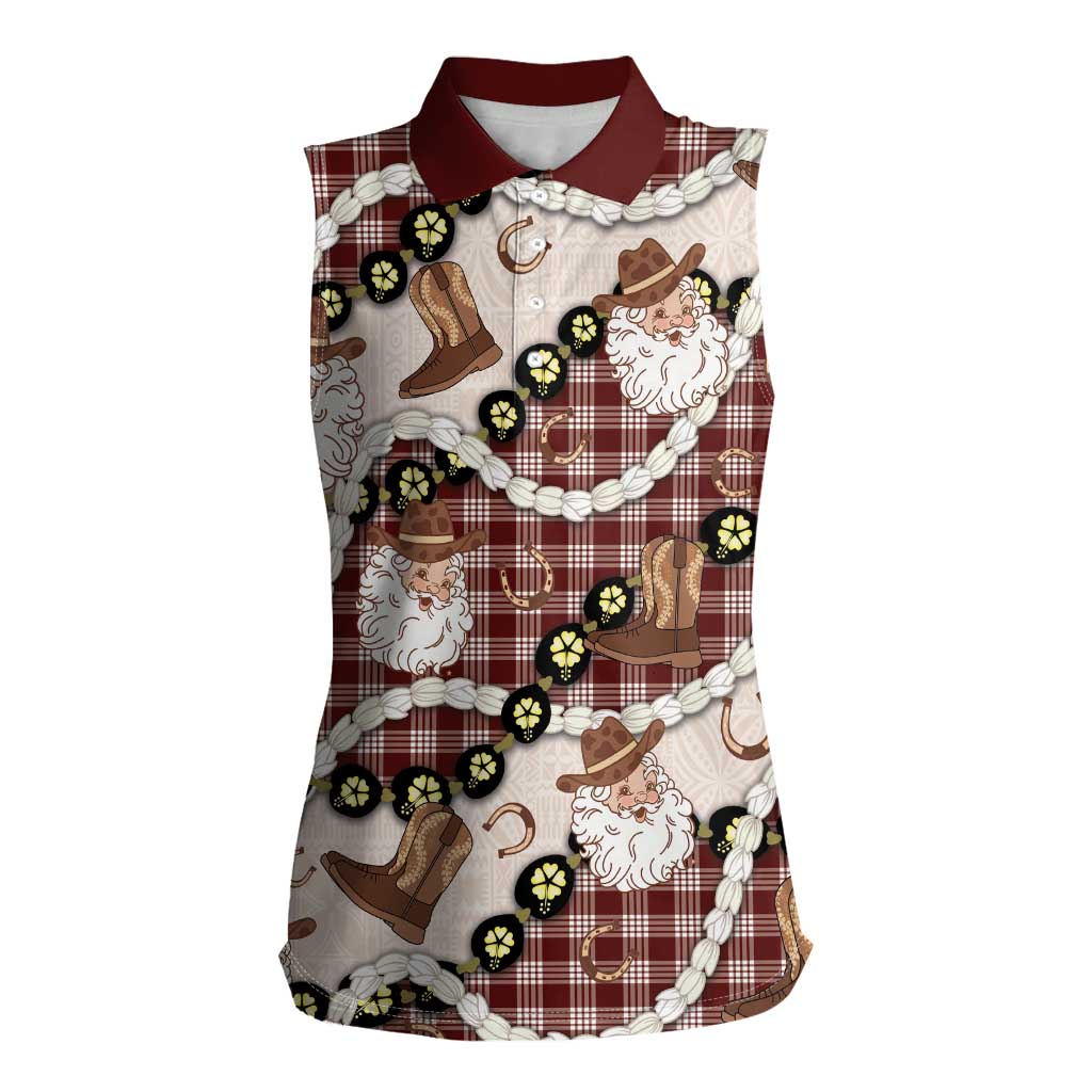 Cowboy Hawaii Mele Kalikimaka Women Sleeveless Polo Shirt Paniolo Kukui Nut Pikake Lei Burgundy Version - Polynesian Pride