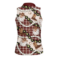 Cowboy Hawaii Mele Kalikimaka Women Sleeveless Polo Shirt Paniolo Kukui Nut Pikake Lei Burgundy Version - Polynesian Pride