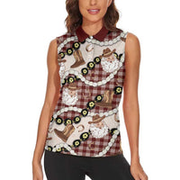 Cowboy Hawaii Mele Kalikimaka Women Sleeveless Polo Shirt Paniolo Kukui Nut Pikake Lei Burgundy Version - Polynesian Pride