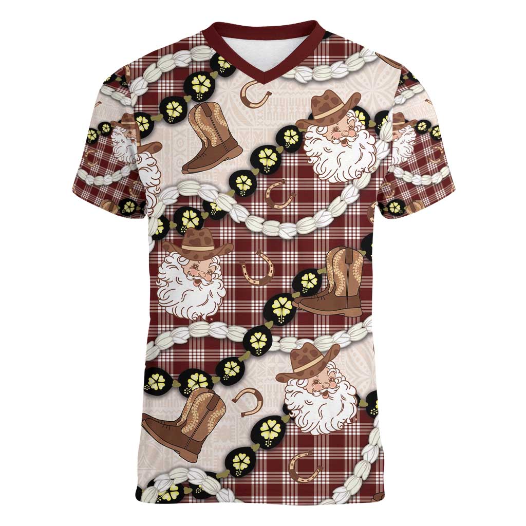 Cowboy Hawaii Mele Kalikimaka Women V-Neck T-Shirt Paniolo Kukui Nut Pikake Lei Burgundy Version - Polynesian Pride