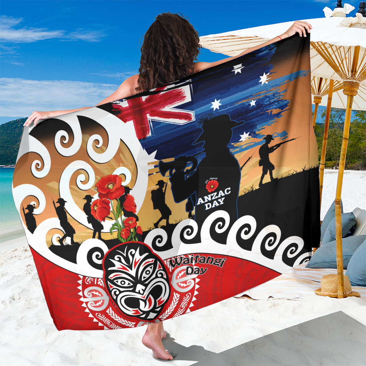 New Zealand Waitangi And ANZAC Day Sarong Aotearoa Maori Tiki With Last Post LT14 One Size 44 x 66 inches Black - Polynesian Pride