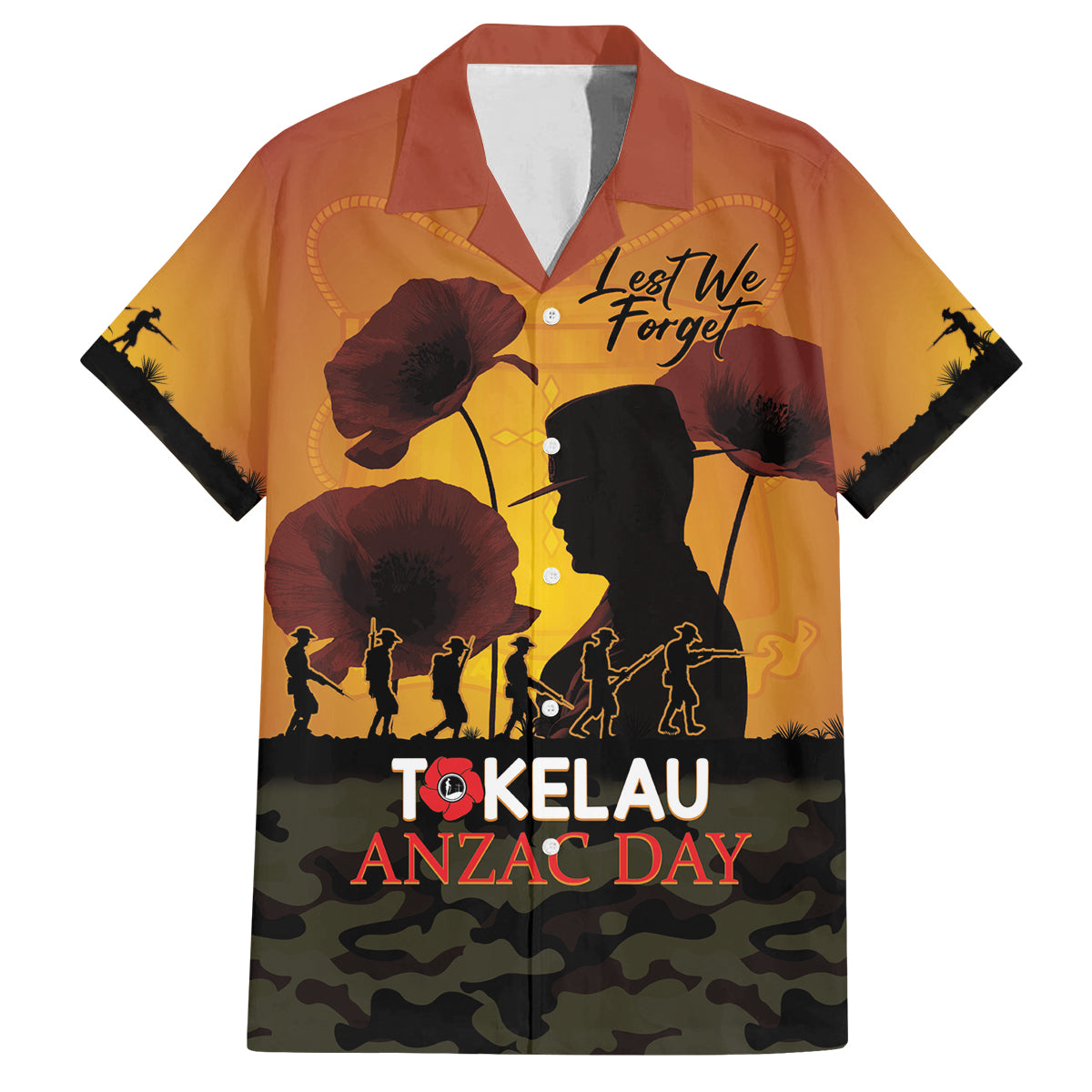 Tokelau ANZAC Day Family Matching Puletasi and Hawaiian Shirt Camouflage With Poppies Lest We Forget LT14 Dad's Shirt - Short Sleeve Yellow - Polynesian Pride