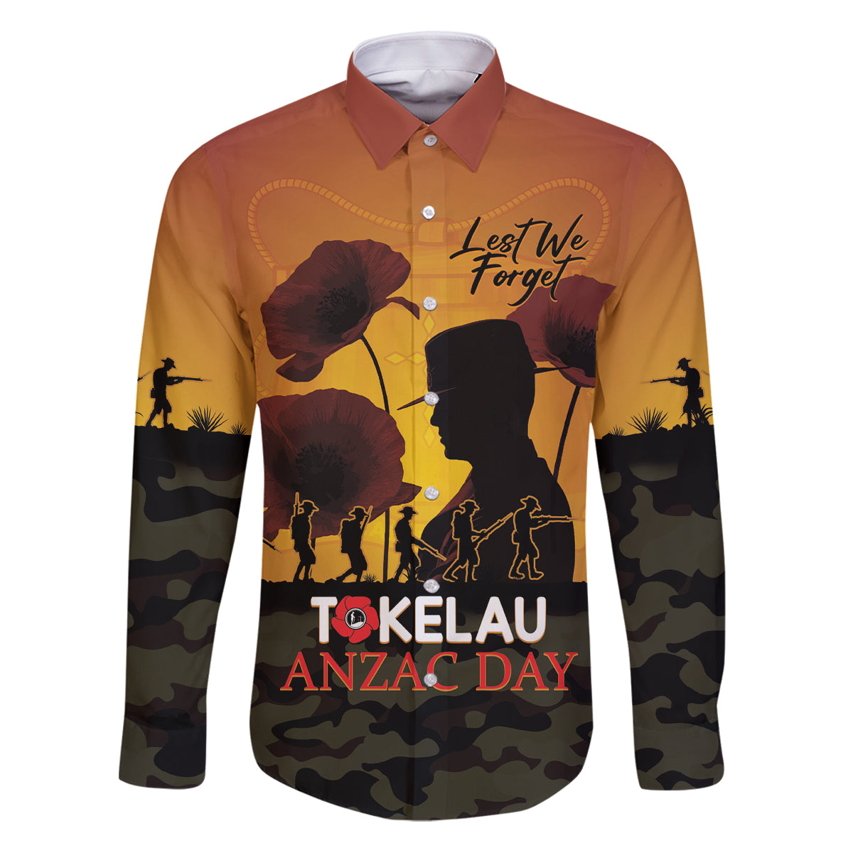 Tokelau ANZAC Day Family Matching Puletasi and Hawaiian Shirt Camouflage With Poppies Lest We Forget LT14 Dad's Shirt - Long Sleeve Yellow - Polynesian Pride