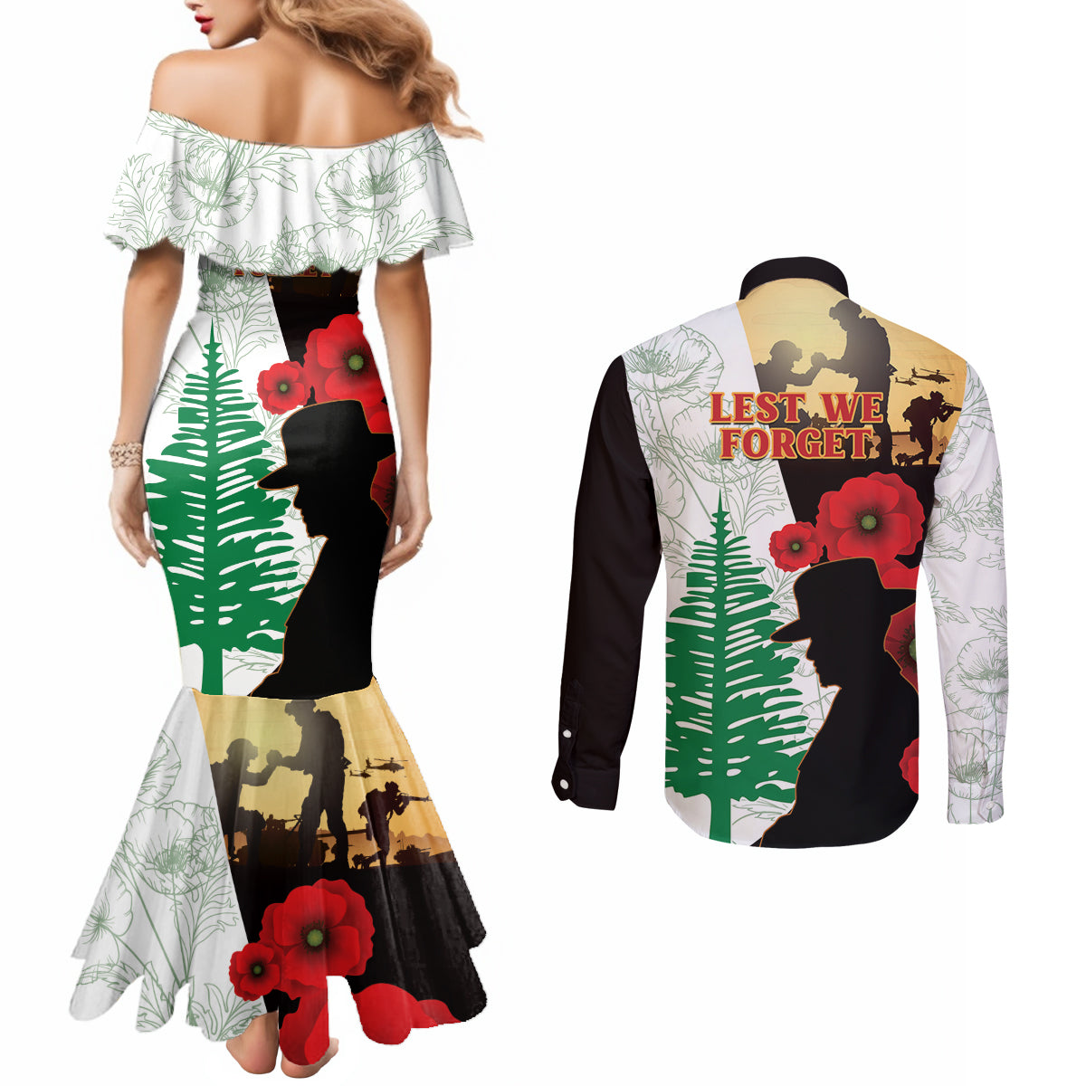 Norfolk Island ANZAC Day Couples Matching Mermaid Dress and Long Sleeve Button Shirt Pine Tree With Poppies Lest We Forget LT14 - Polynesian Pride