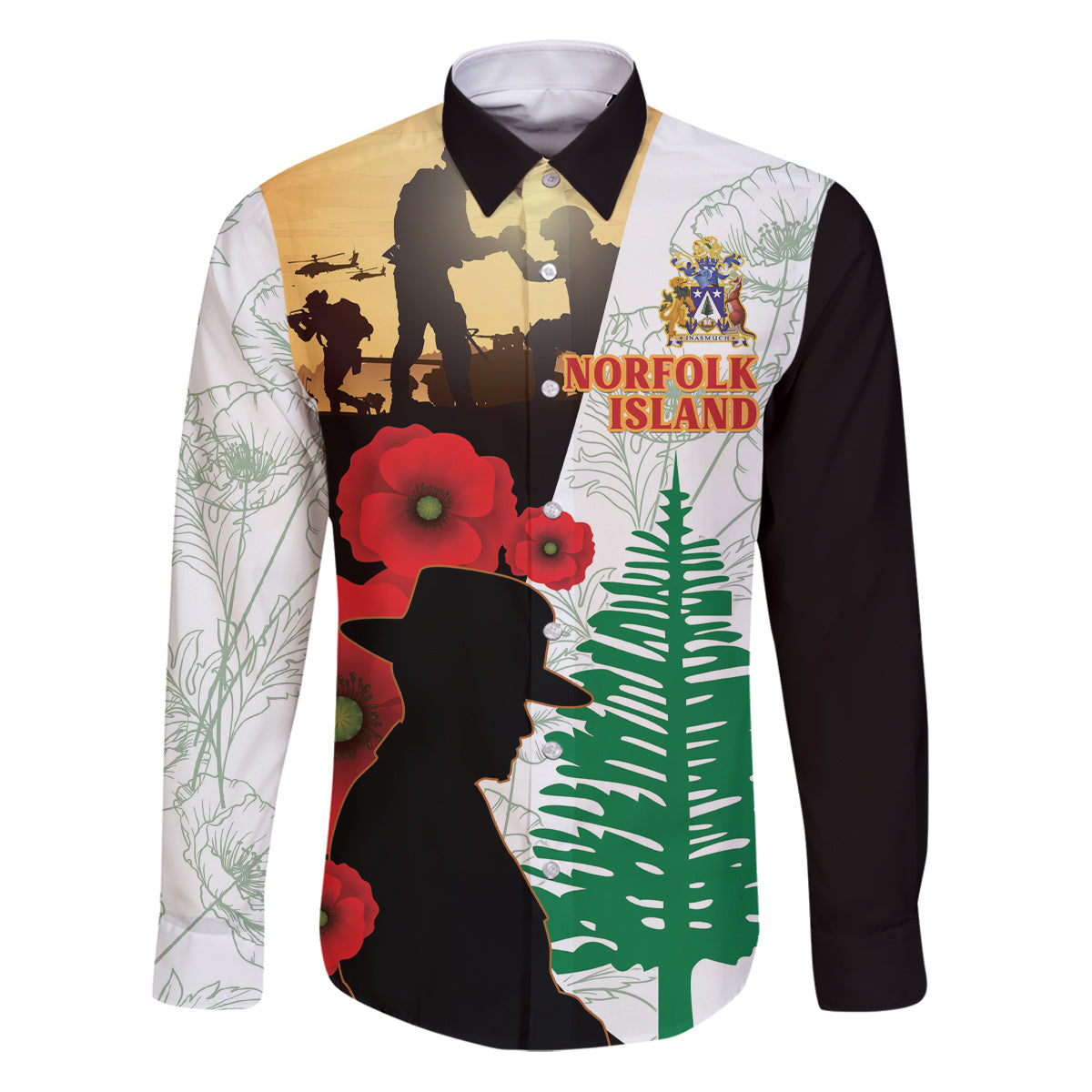Norfolk Island ANZAC Day Family Matching Puletasi and Hawaiian Shirt Pine Tree With Poppies Lest We Forget LT14 Dad's Shirt - Long Sleeve White - Polynesian Pride