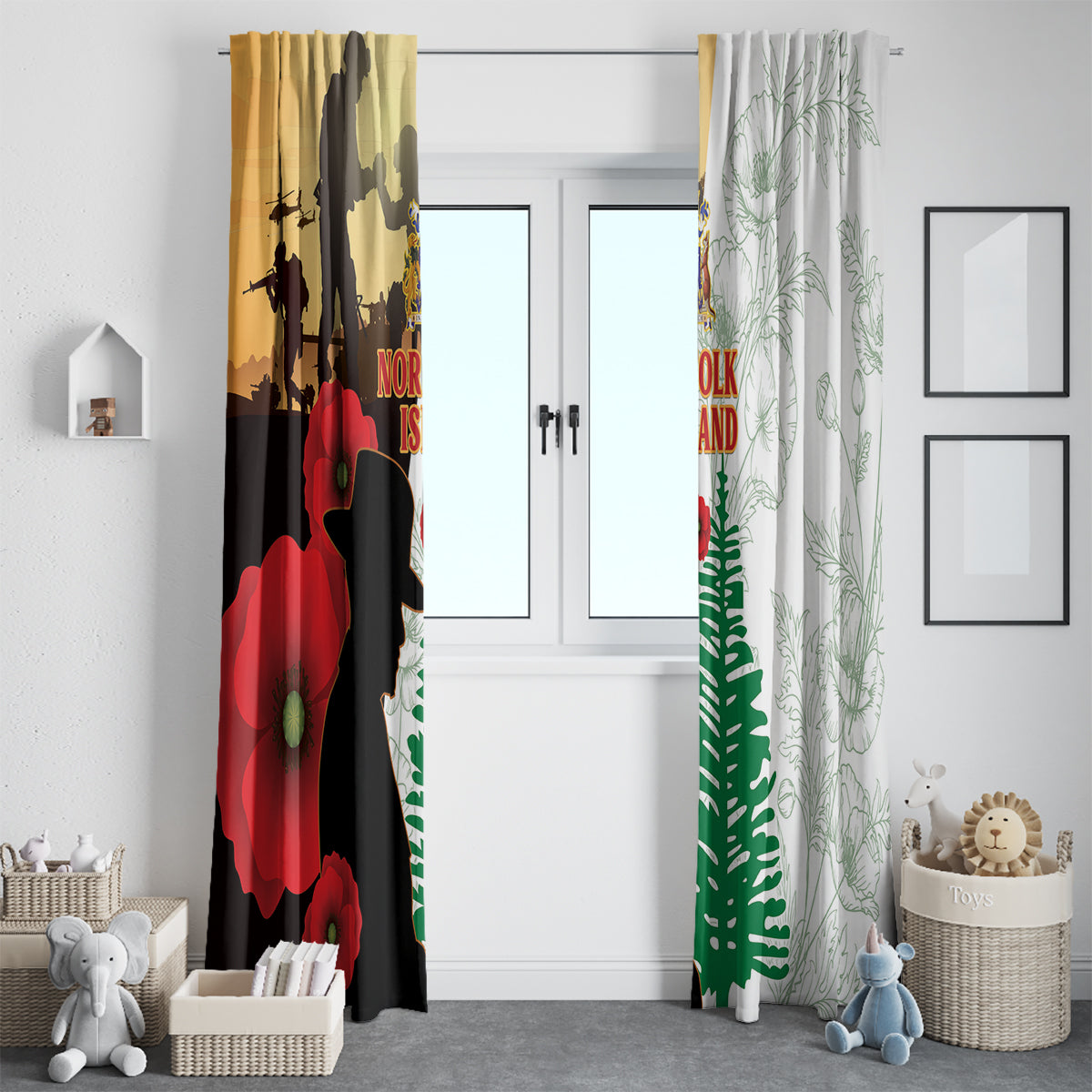 Norfolk Island ANZAC Day Window Curtain Pine Tree With Poppies Lest We Forget LT14 - Polynesian Pride