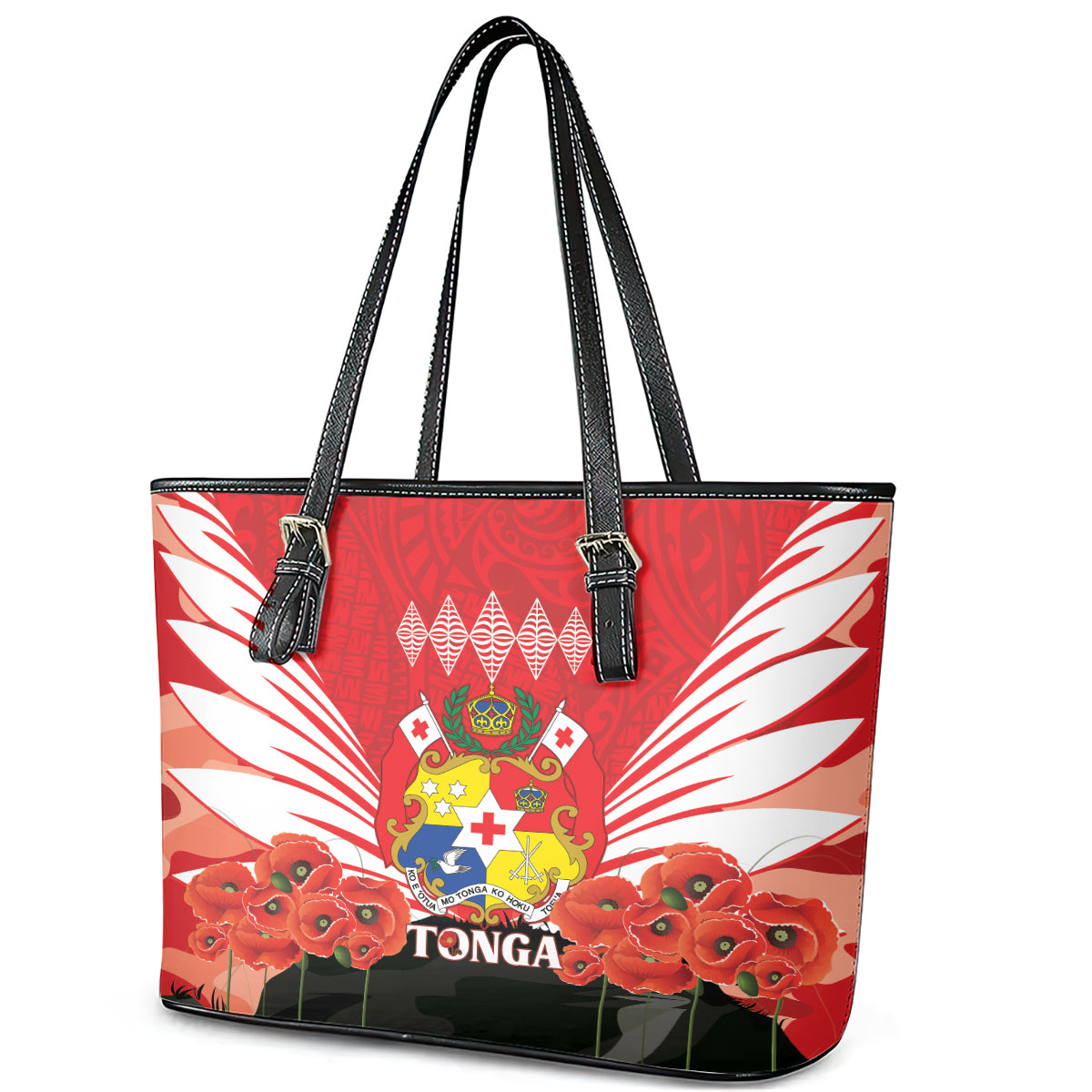 Tonga ANZAC Day Leather Tote Bag Camouflage With Poppies Lest We Forget LT14 - Polynesian Pride