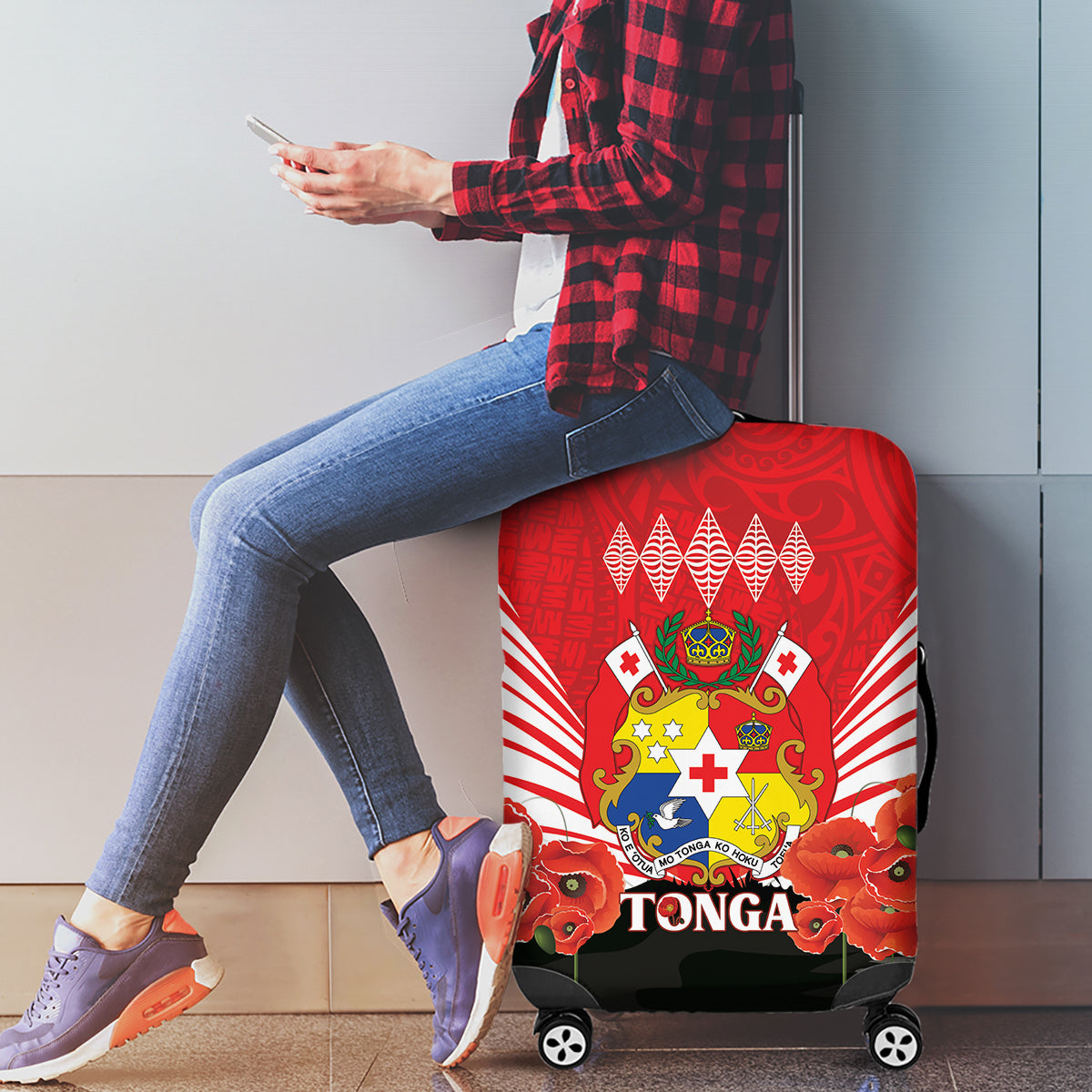Tonga ANZAC Day Luggage Cover Camouflage With Poppies Lest We Forget LT14 - Polynesian Pride
