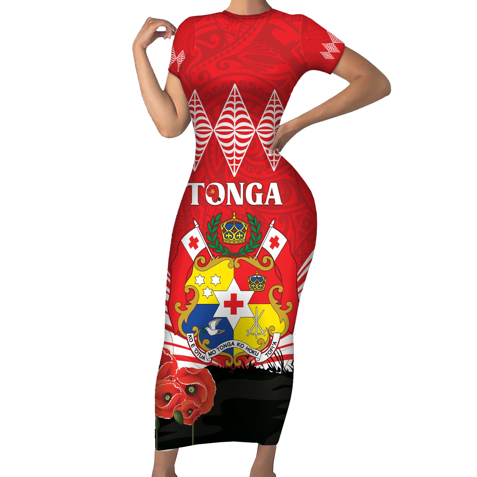Tonga ANZAC Day Short Sleeve Bodycon Dress Camouflage With Poppies Lest We Forget LT14 Long Dress Red - Polynesian Pride