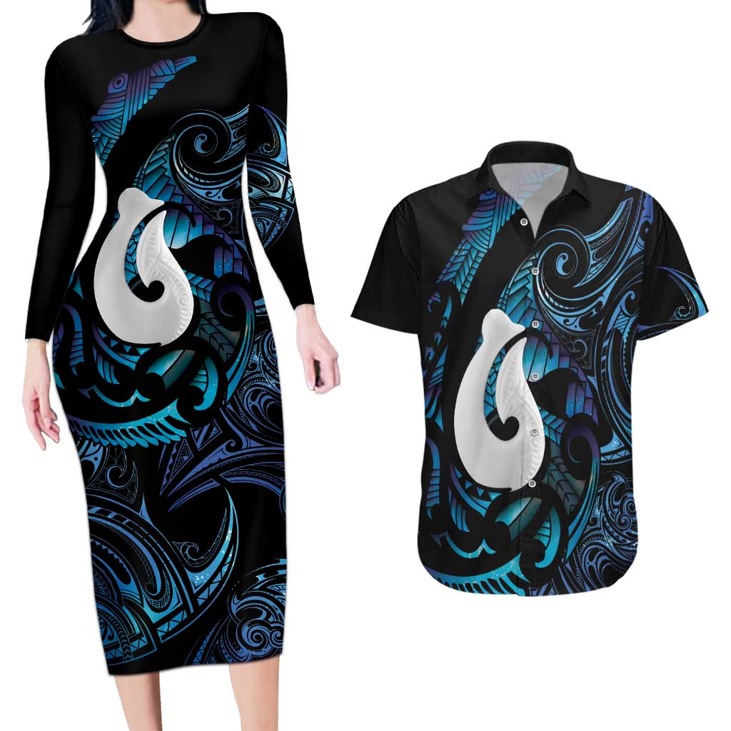 Hei Matau New Zealand Matariki Couples Matching Long Sleeve Bodycon Dress and Hawaiian Shirt NZ Fish Hook Maori Art