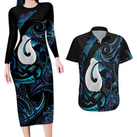 Hei Matau New Zealand Matariki Couples Matching Long Sleeve Bodycon Dress and Hawaiian Shirt NZ Fish Hook Maori Art