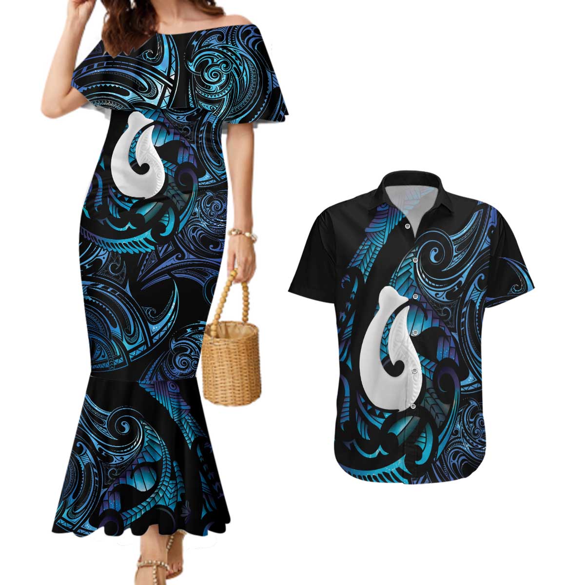Hei Matau New Zealand Matariki Couples Matching Mermaid Dress and Hawaiian Shirt NZ Fish Hook Maori Art