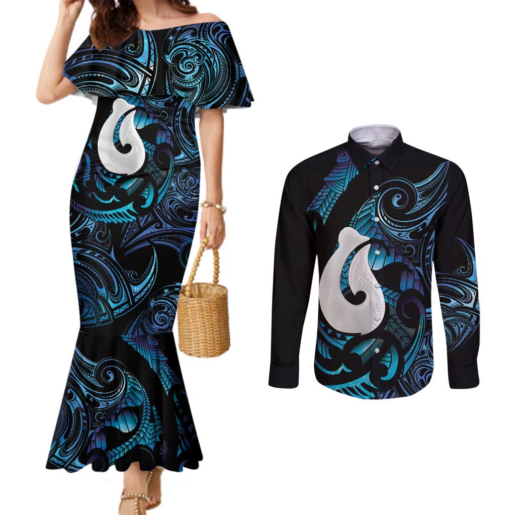 Hei Matau New Zealand Matariki Couples Matching Mermaid Dress and Long Sleeve Button Shirt NZ Fish Hook Maori Art