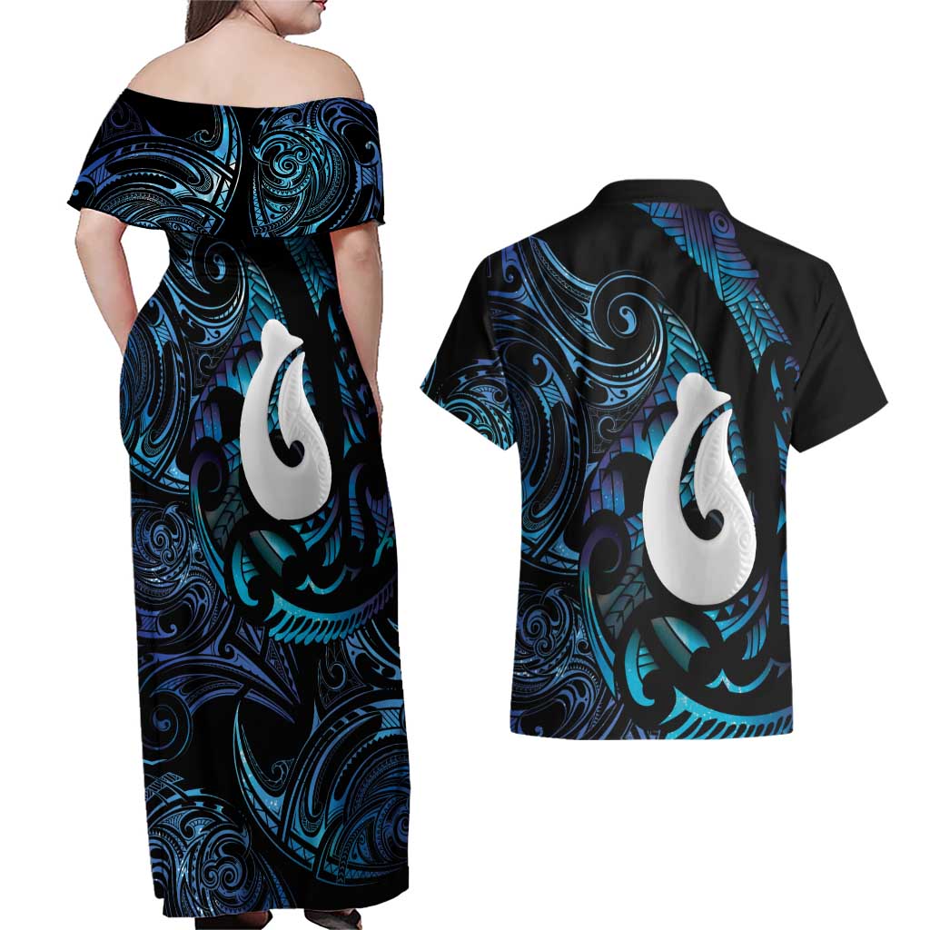 Hei Matau New Zealand Matariki Couples Matching Off Shoulder Maxi Dress and Hawaiian Shirt NZ Fish Hook Maori Art
