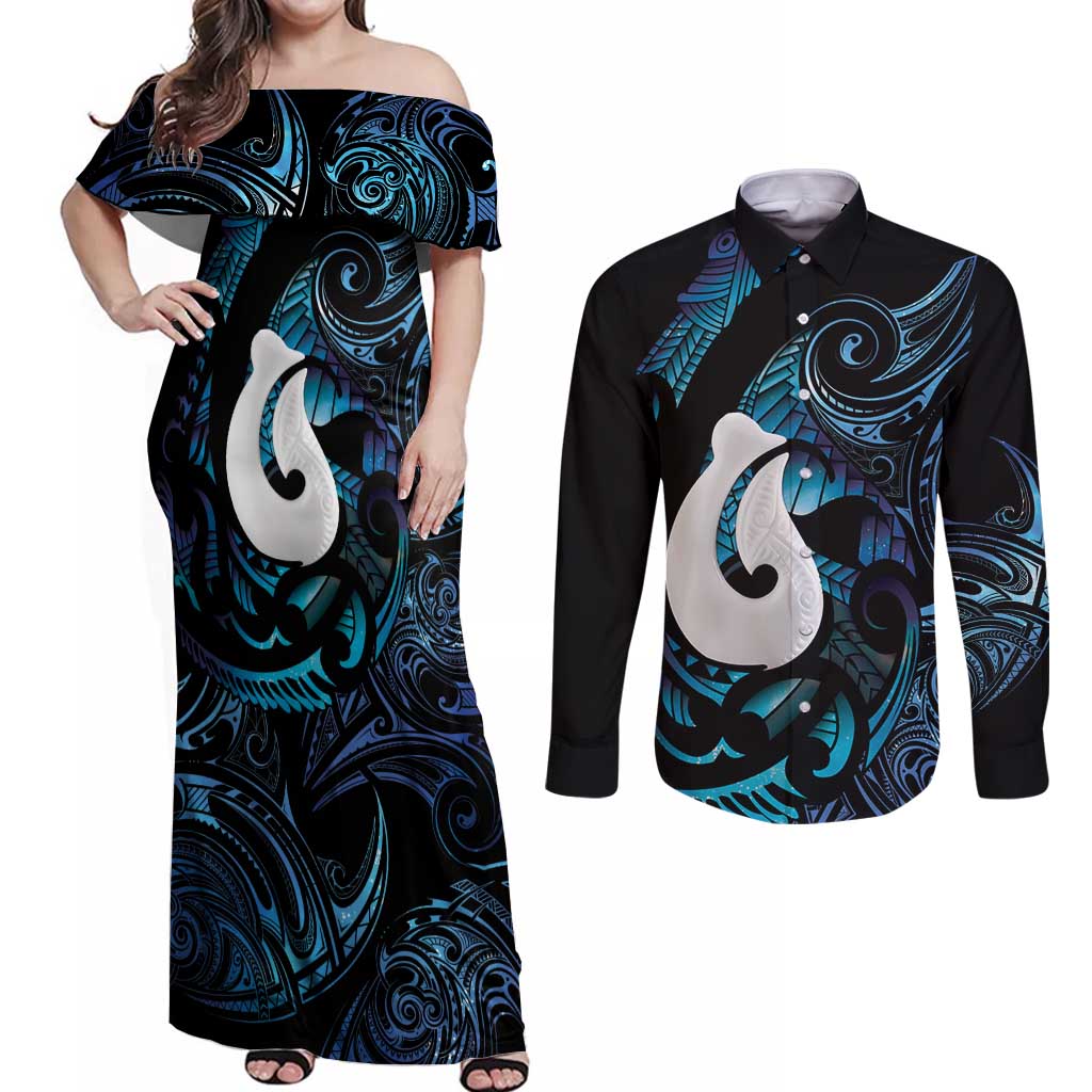 Hei Matau New Zealand Matariki Couples Matching Off Shoulder Maxi Dress and Long Sleeve Button Shirt NZ Fish Hook Maori Art
