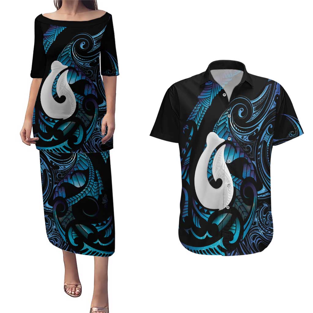Hei Matau New Zealand Matariki Couples Matching Puletasi and Hawaiian Shirt NZ Fish Hook Maori Art