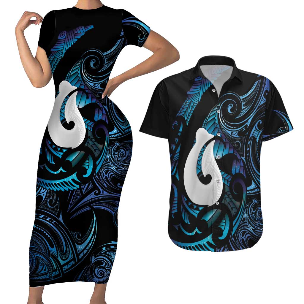 Hei Matau New Zealand Matariki Couples Matching Short Sleeve Bodycon Dress and Hawaiian Shirt NZ Fish Hook Maori Art