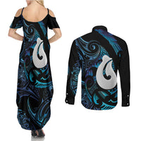 Hei Matau New Zealand Matariki Couples Matching Summer Maxi Dress and Long Sleeve Button Shirt NZ Fish Hook Maori Art