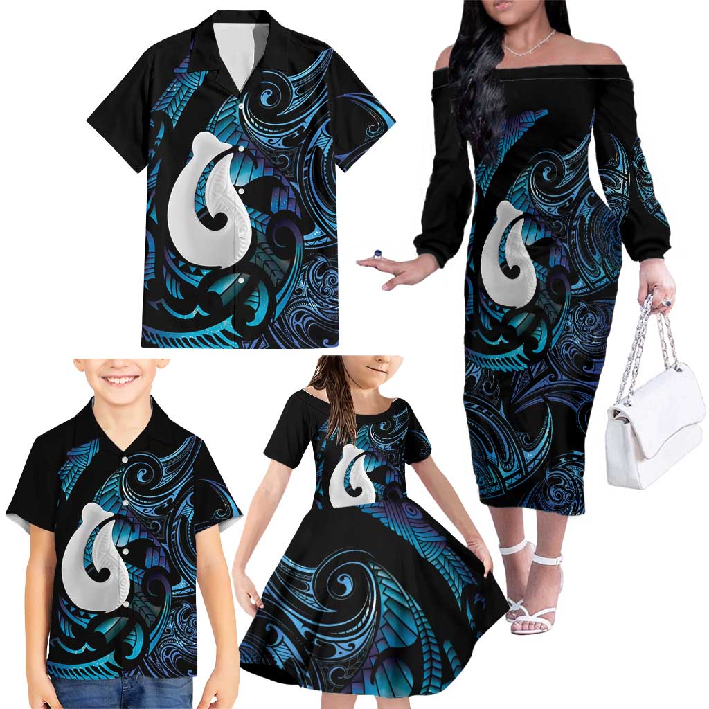 Hei Matau New Zealand Matariki Family Matching Off The Shoulder Long Sleeve Dress and Hawaiian Shirt NZ Fish Hook Maori Art