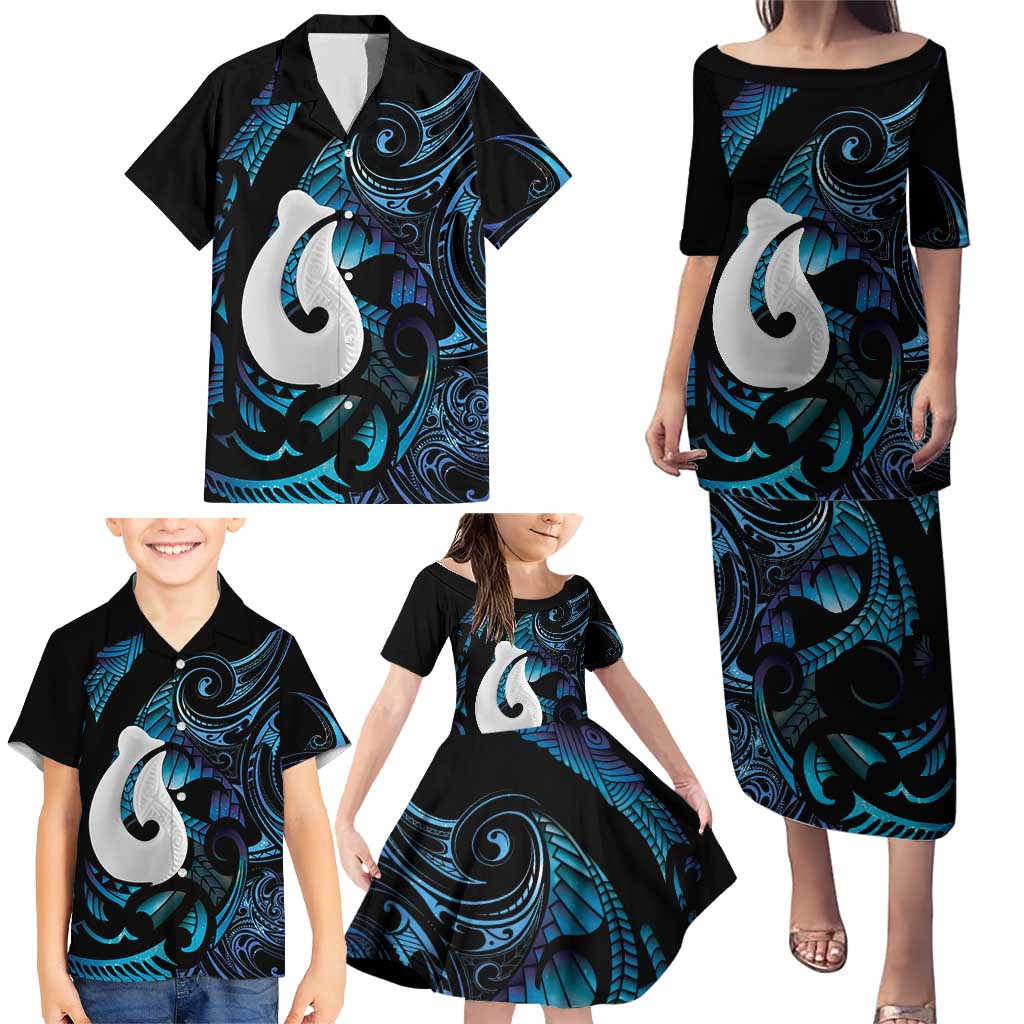 Hei Matau New Zealand Matariki Family Matching Puletasi and Hawaiian Shirt NZ Fish Hook Maori Art